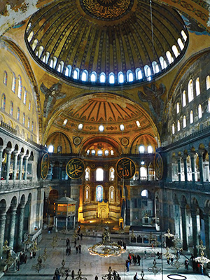 The Basilica of Hagia Sophia (Holy Wisdom) in Constantinople (modern Istanbul, Turkey) was the greatest such structure in the Eastern Christian world. It was constructed as a Greek Orthodox cathedral in 537, became a mosque in 1453, and was secularized and opened as a museum in 1935.