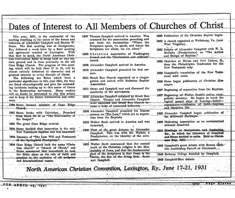 THROWBACK THURSDAY: ‘Dates of Interest to All Members of Churches of Christ’ (1931)